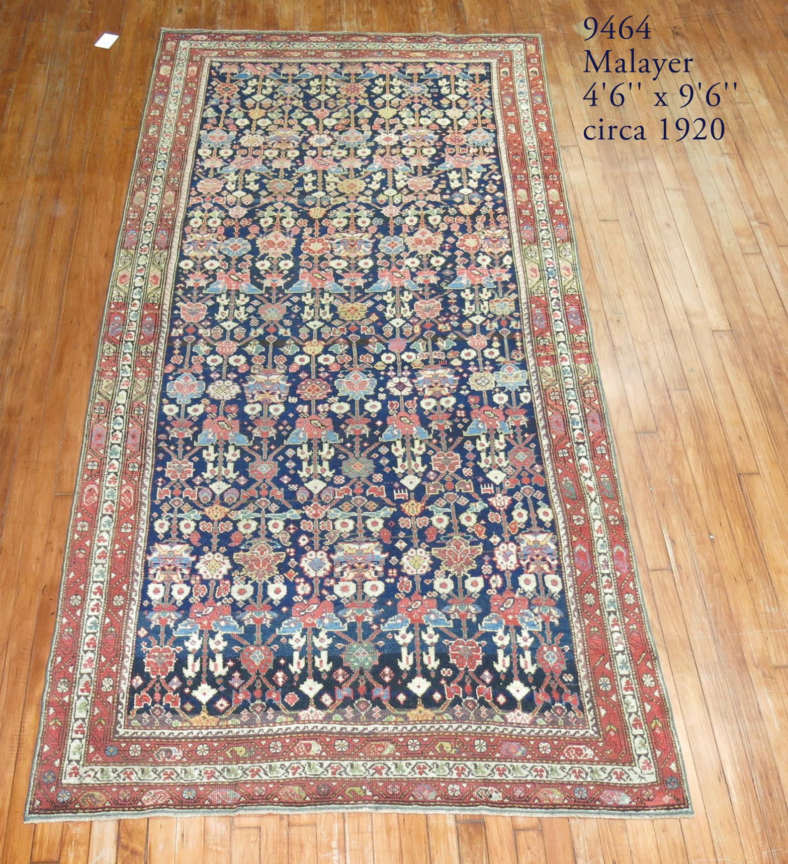 Tissé à la main Tapis persan ancien Malayer bleu marine en vente