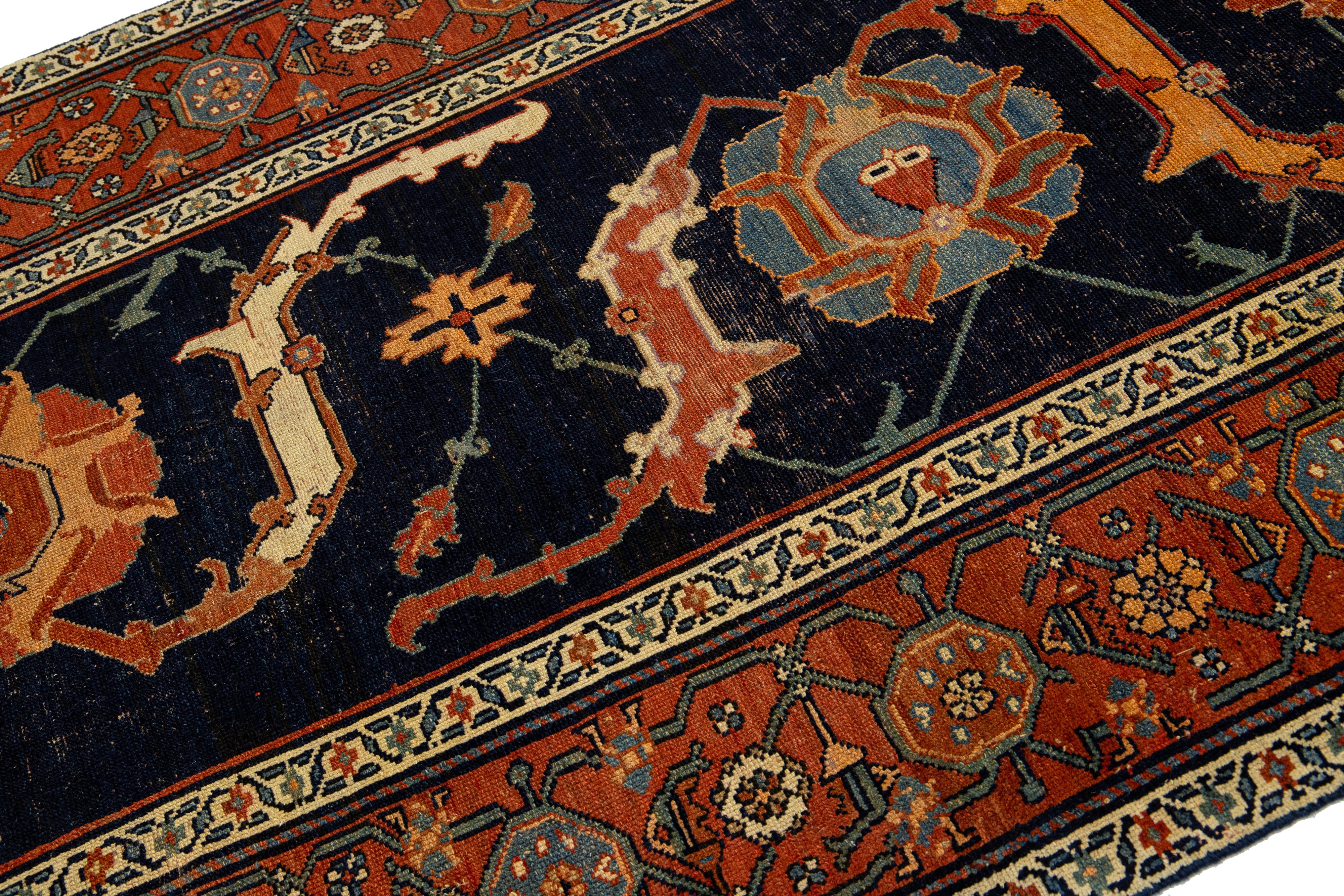 Islamic Navy Blue Antique Persian Malayer Wool Runner With Rust Floral Motif For Sale