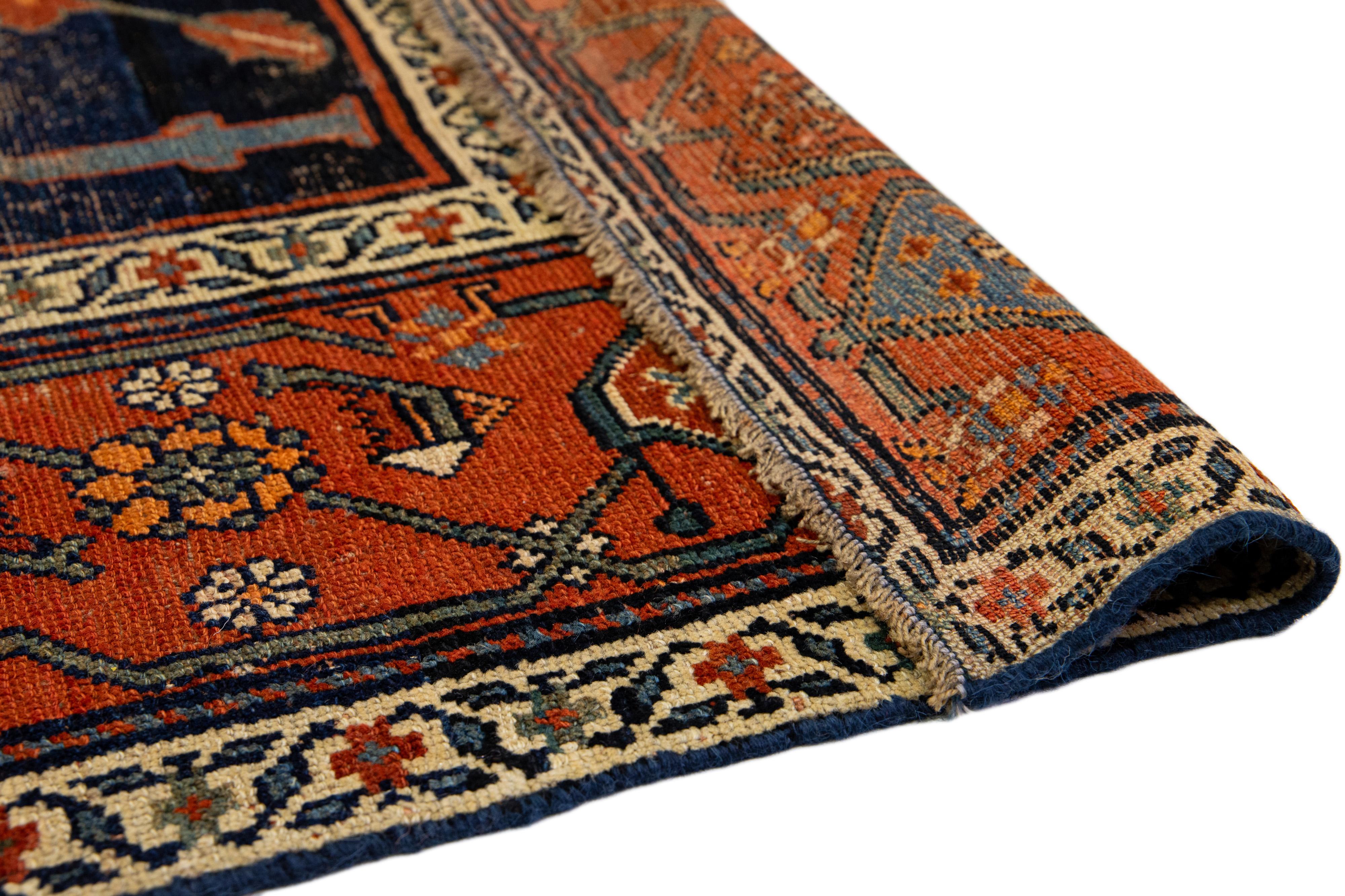 Hand-Knotted Navy Blue Antique Persian Malayer Wool Runner With Rust Floral Motif For Sale