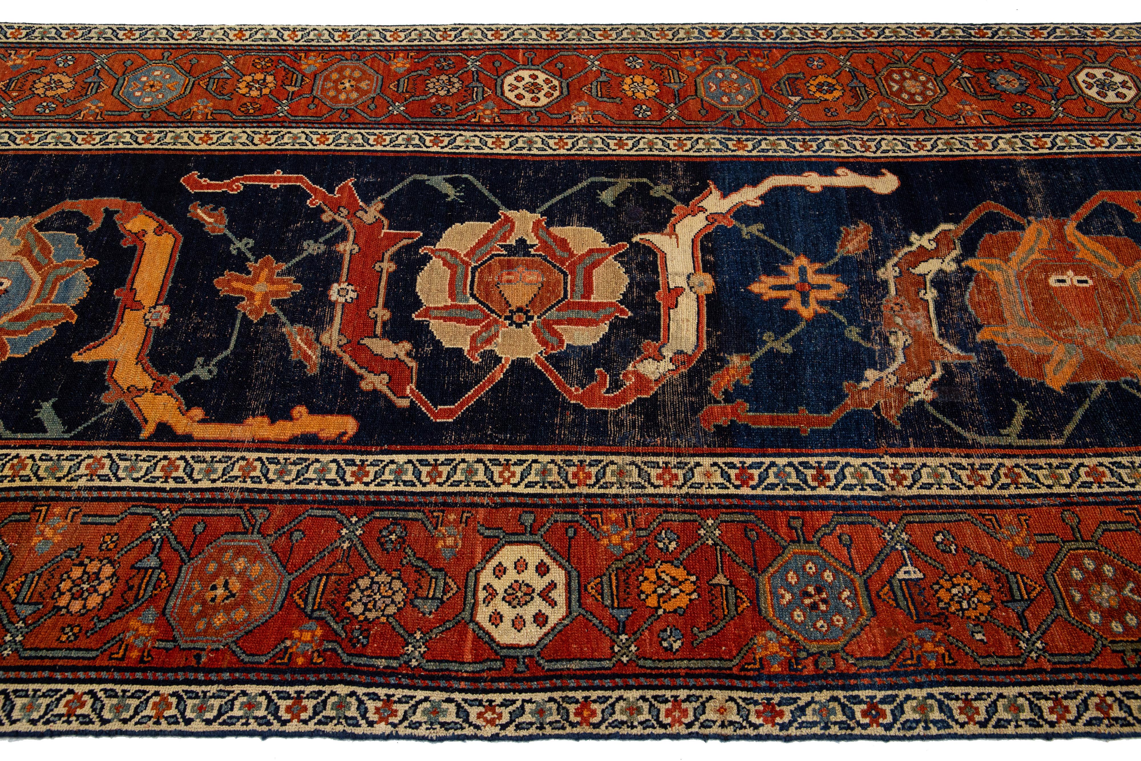 Navy Blue Antique Persian Malayer Wool Runner With Rust Floral Motif In Distressed Condition For Sale In Norwalk, CT
