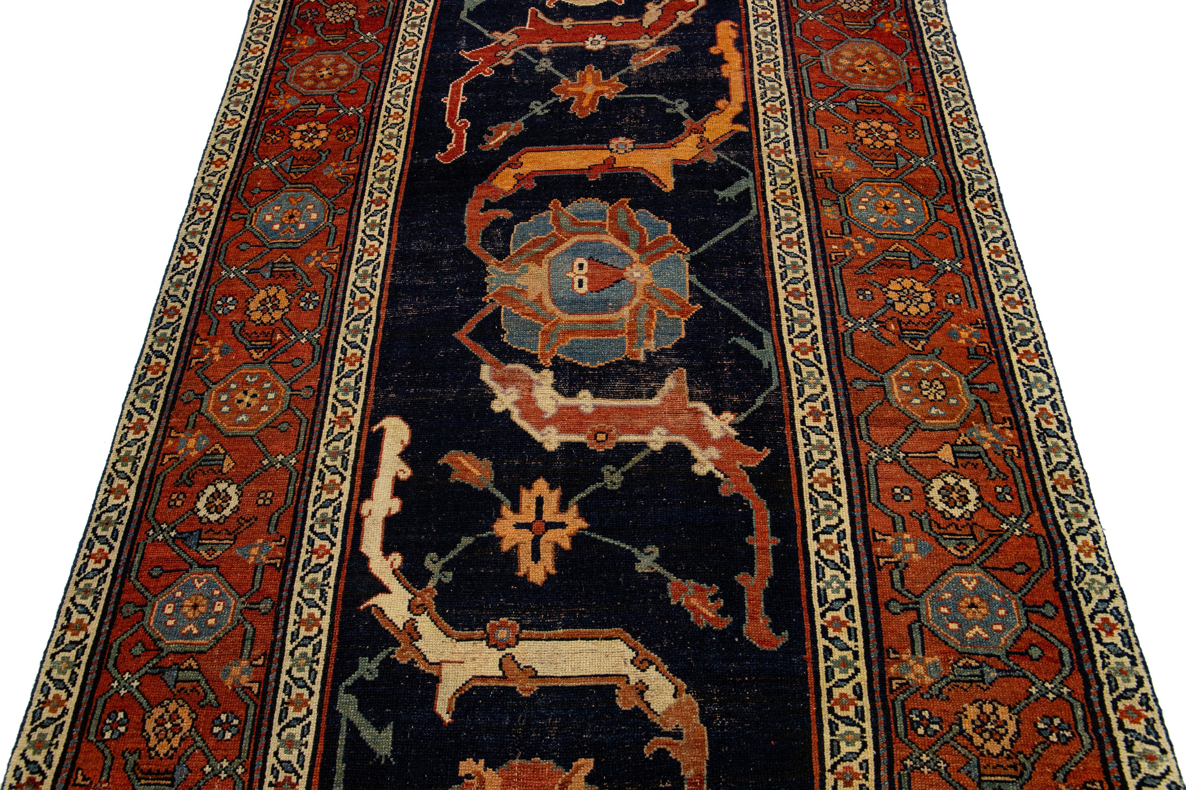 Navy Blue Antique Persian Malayer Wool Runner With Rust Floral Motif For Sale 1