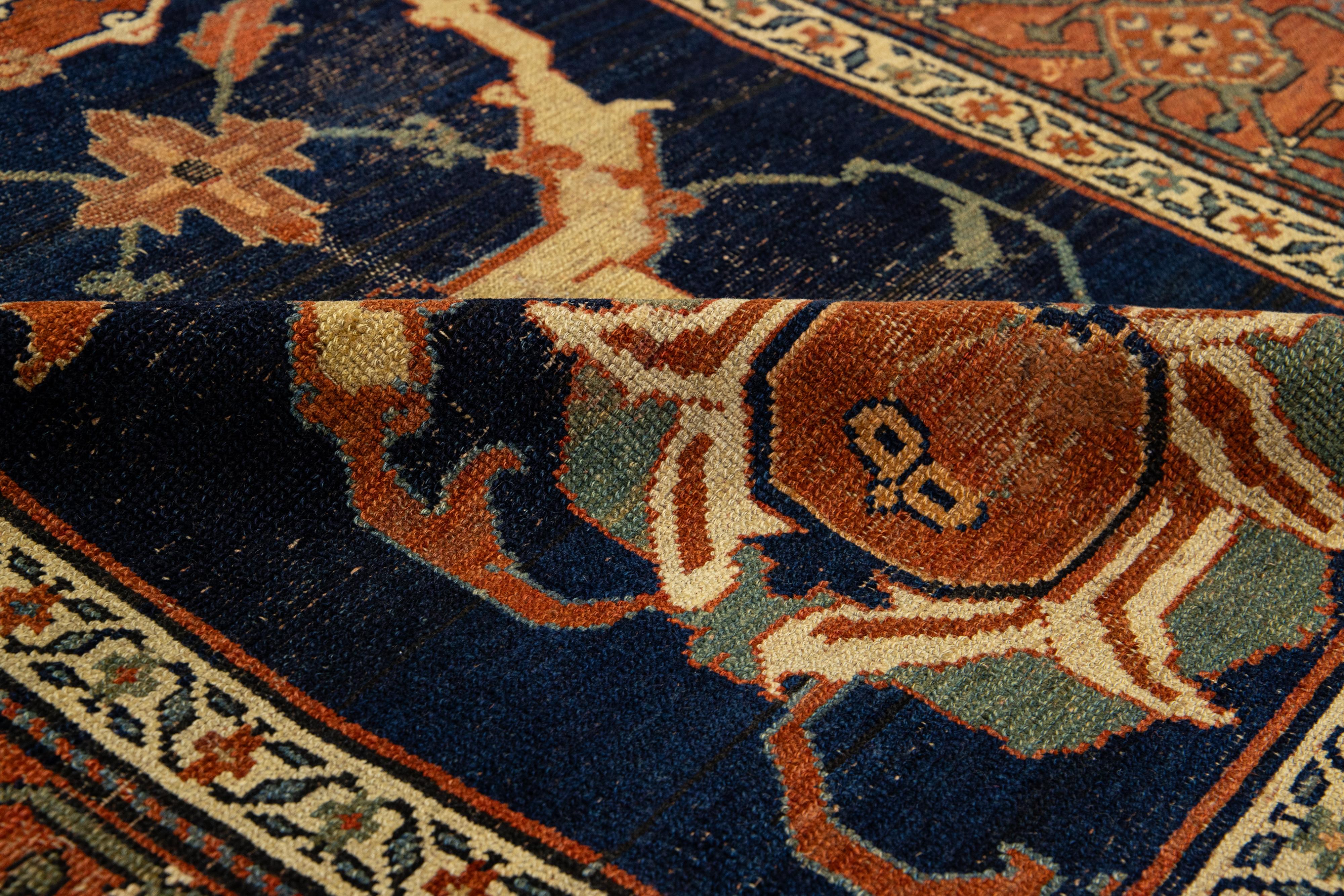 Navy Blue Antique Persian Malayer Wool Runner With Rust Floral Motif For Sale 3