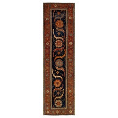 Runner in lana Malayer blu navy antico con motivo floreale color ruggine