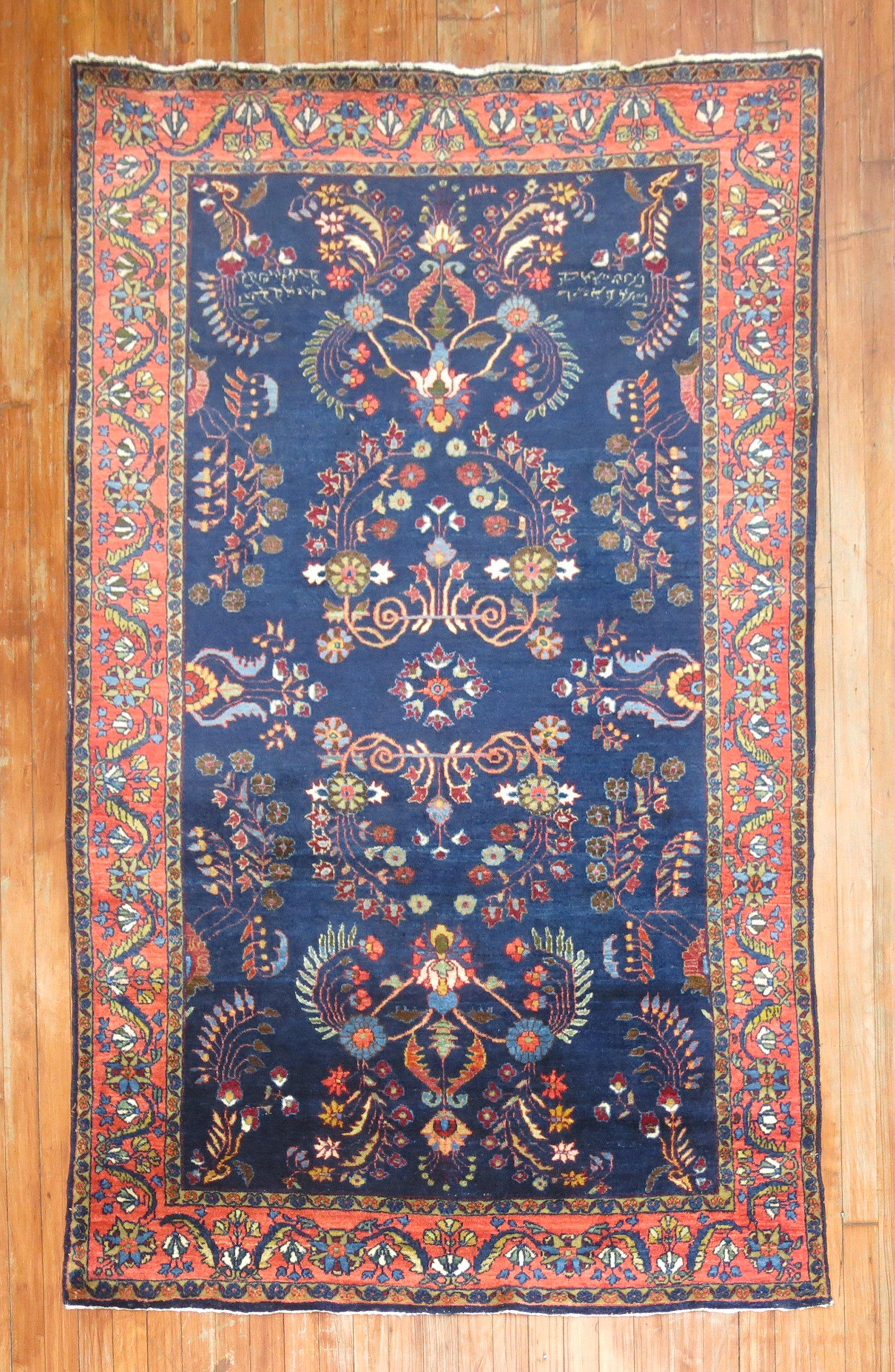 Wool Navy Blue Antique Persian Sarouk Rug For Sale