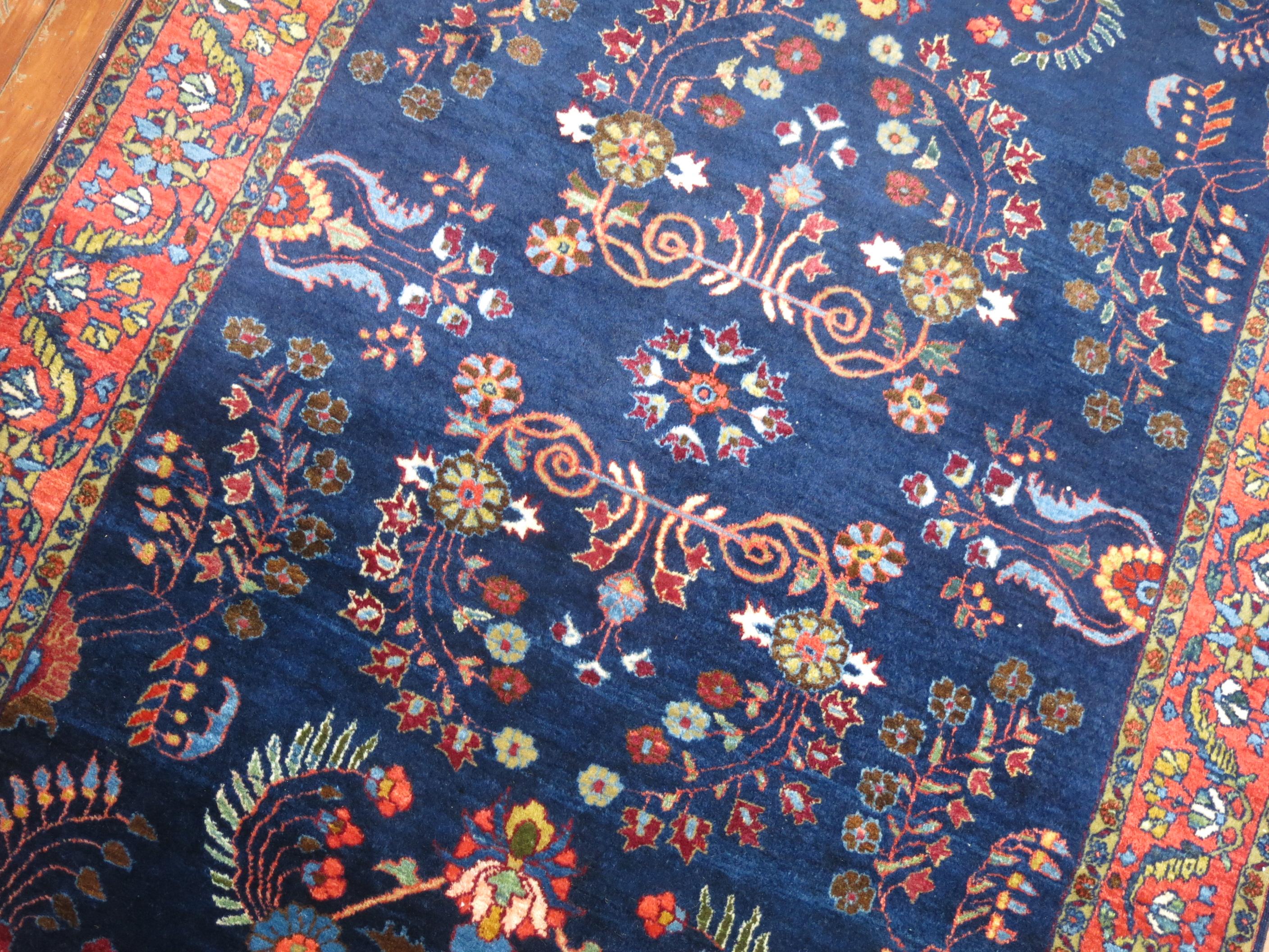 Hand-Woven Navy Blue Antique Persian Sarouk Rug For Sale