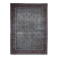 Navy Blue Antique Persian Tabriz Fish Design Worn No Holes Clean Hand Knotted Navy Blue Antique Persian Tabriz Fish Design Worn No Holes Clean Hand Knotted