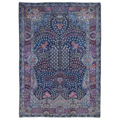 Navy Blue Antique Persian Tabriz Full Pile Peacock & Flower Design Exc Condition