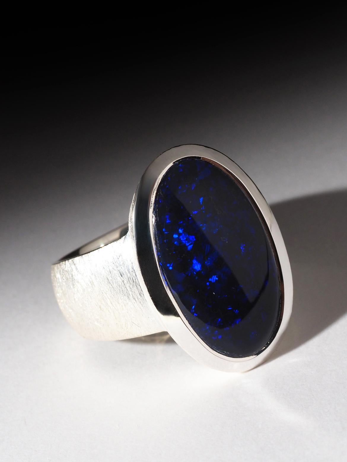 Navy Blue Australian Opal ring silver Statement gift for friend anniversary For Sale 4
