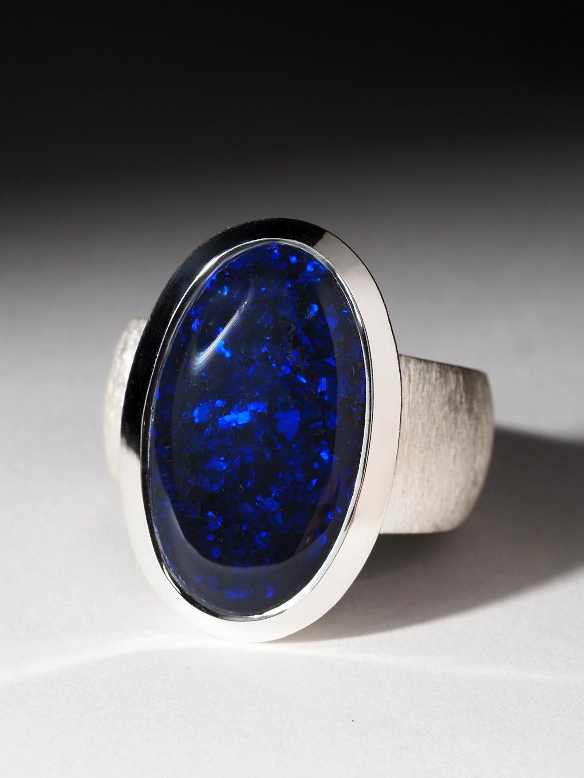 Artisan Navy Blue Australian Opal ring silver Statement gift for friend anniversary For Sale