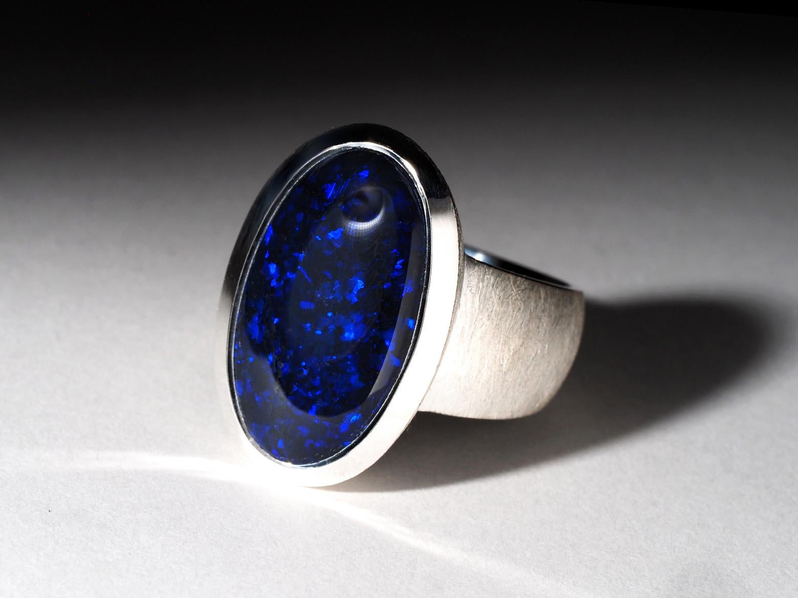 Navy Blue Australian Opal ring silver Statement gift for friend anniversary In New Condition For Sale In Berlin, DE