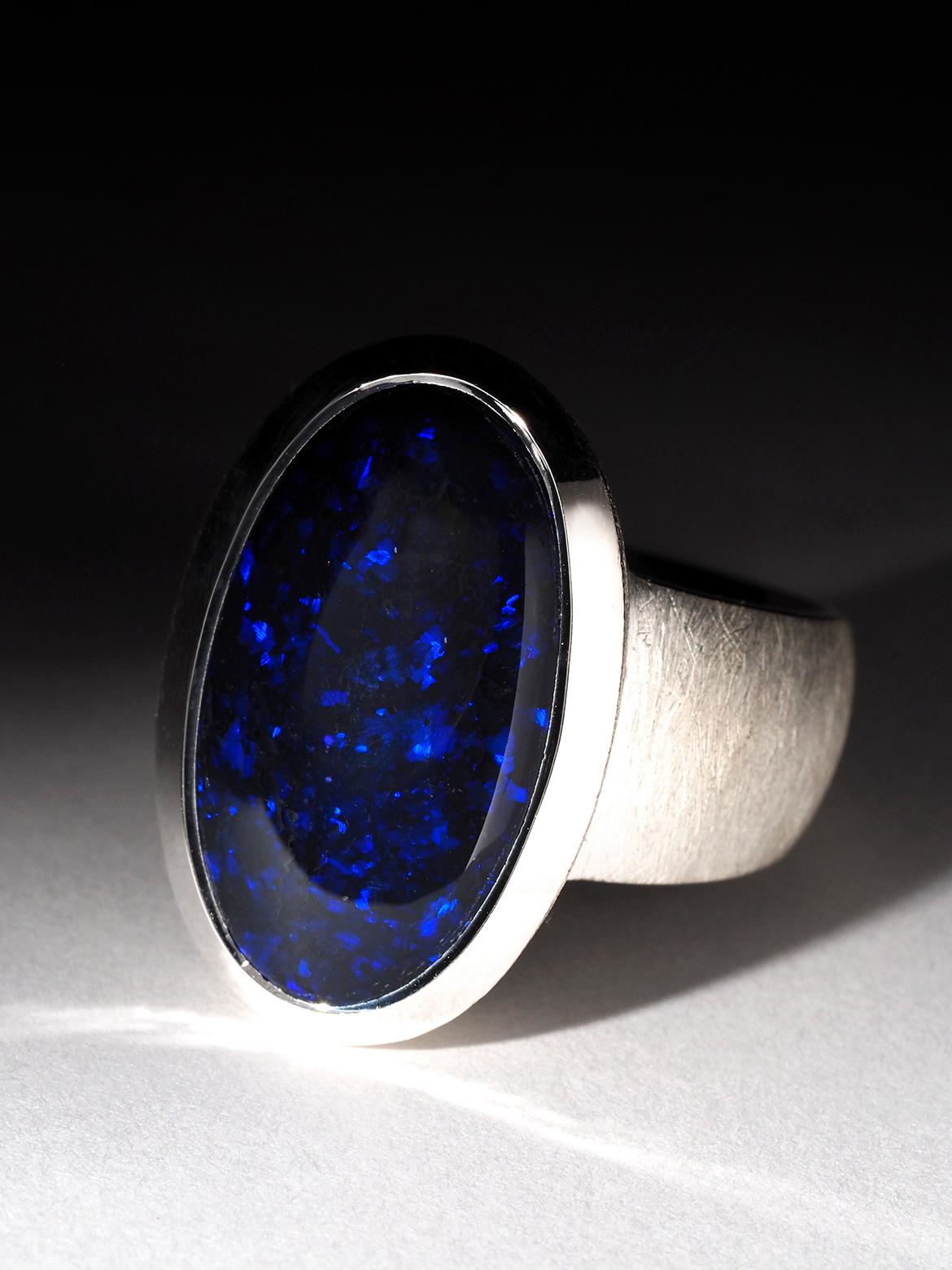 Women's or Men's Navy Blue Australian Opal ring silver Statement gift for friend anniversary For Sale
