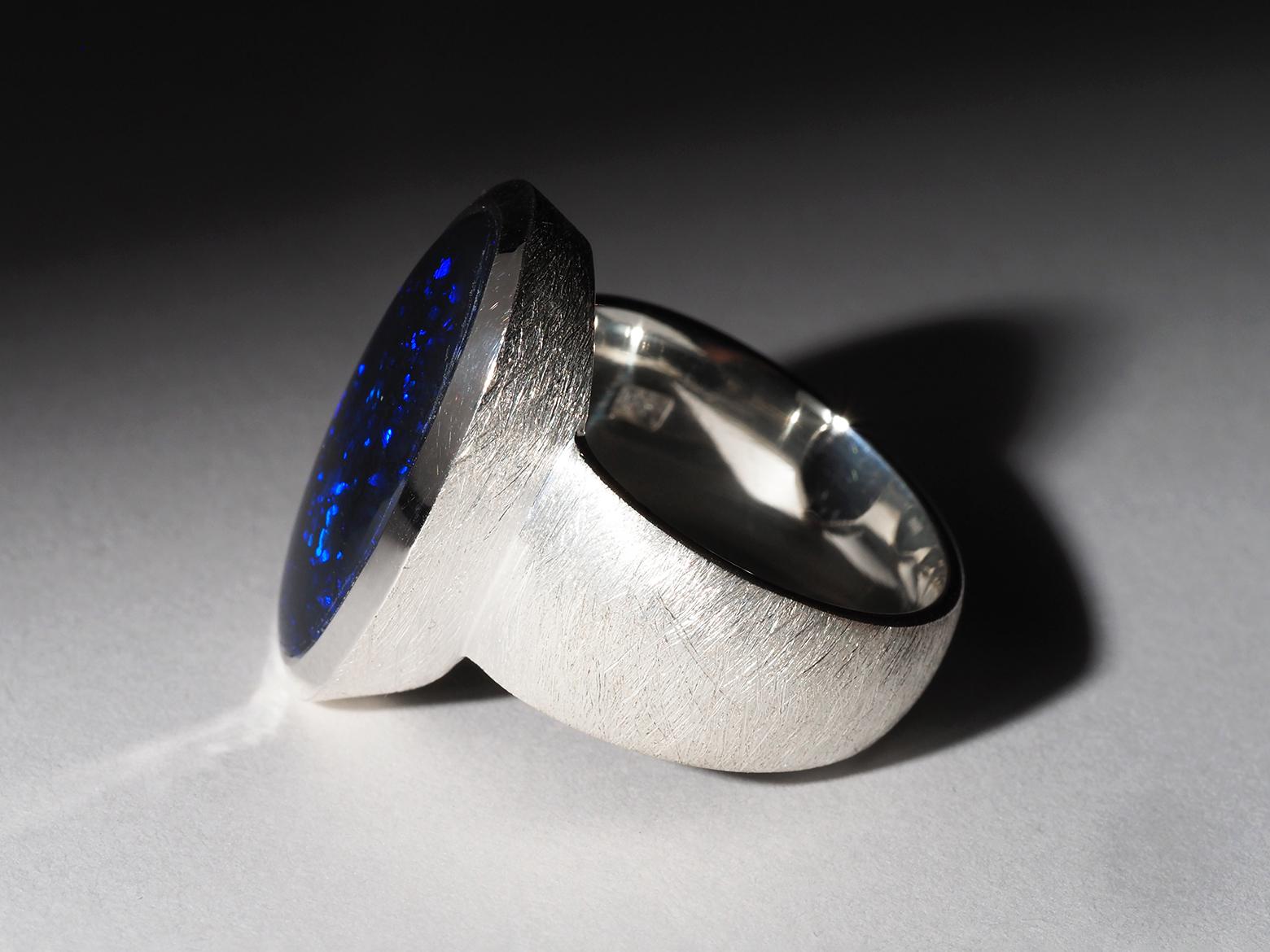 Navy Blue Australian Opal ring silver Statement gift for friend anniversary For Sale 1