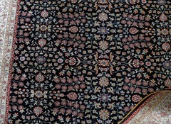 Navy Blue, Beige and Ivory Handmade Silk Distressed Anatolian Hereke Rug