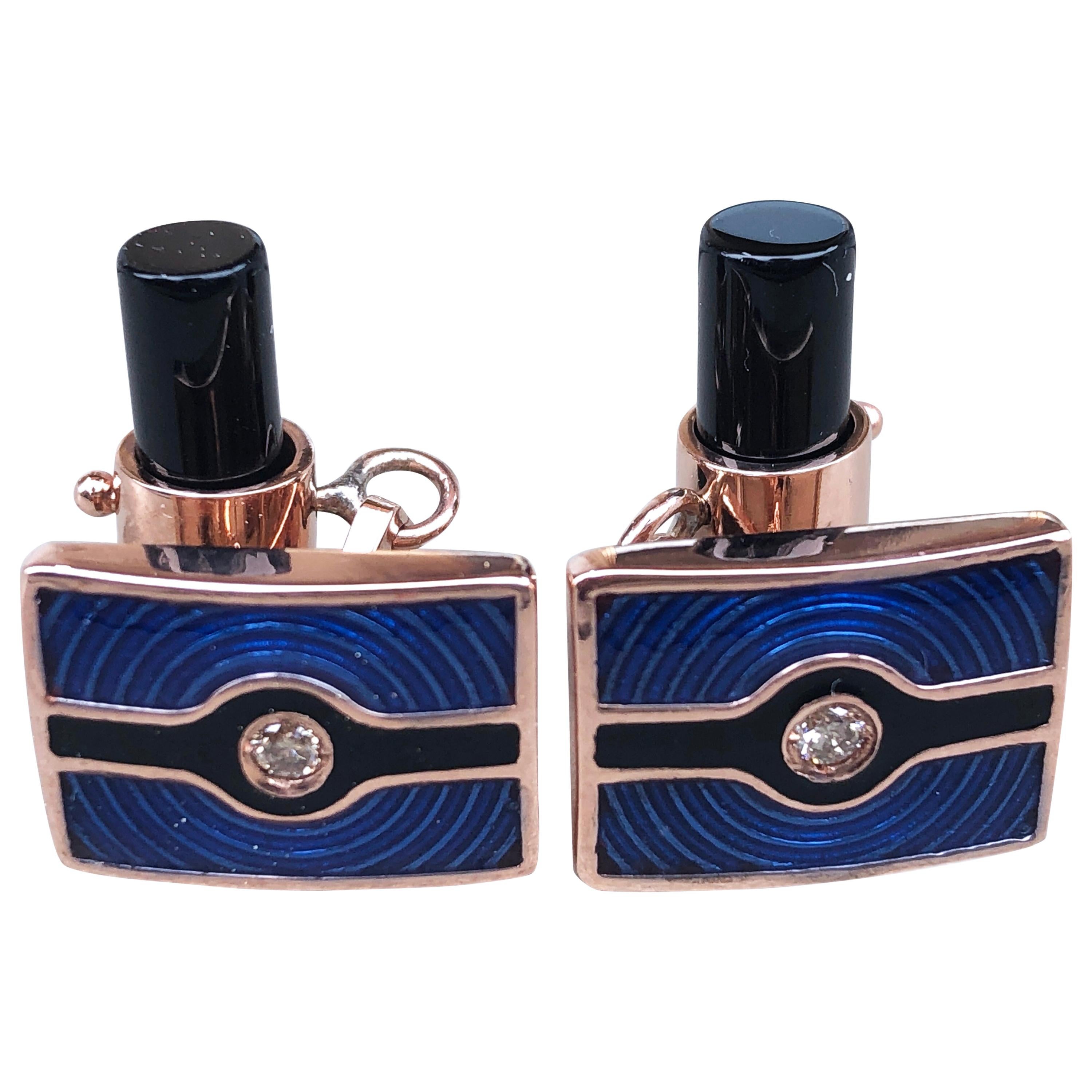 Berca Navy Blue Black Enameled White Diamond Rose Gold Onyx Baton Back Cufflinks