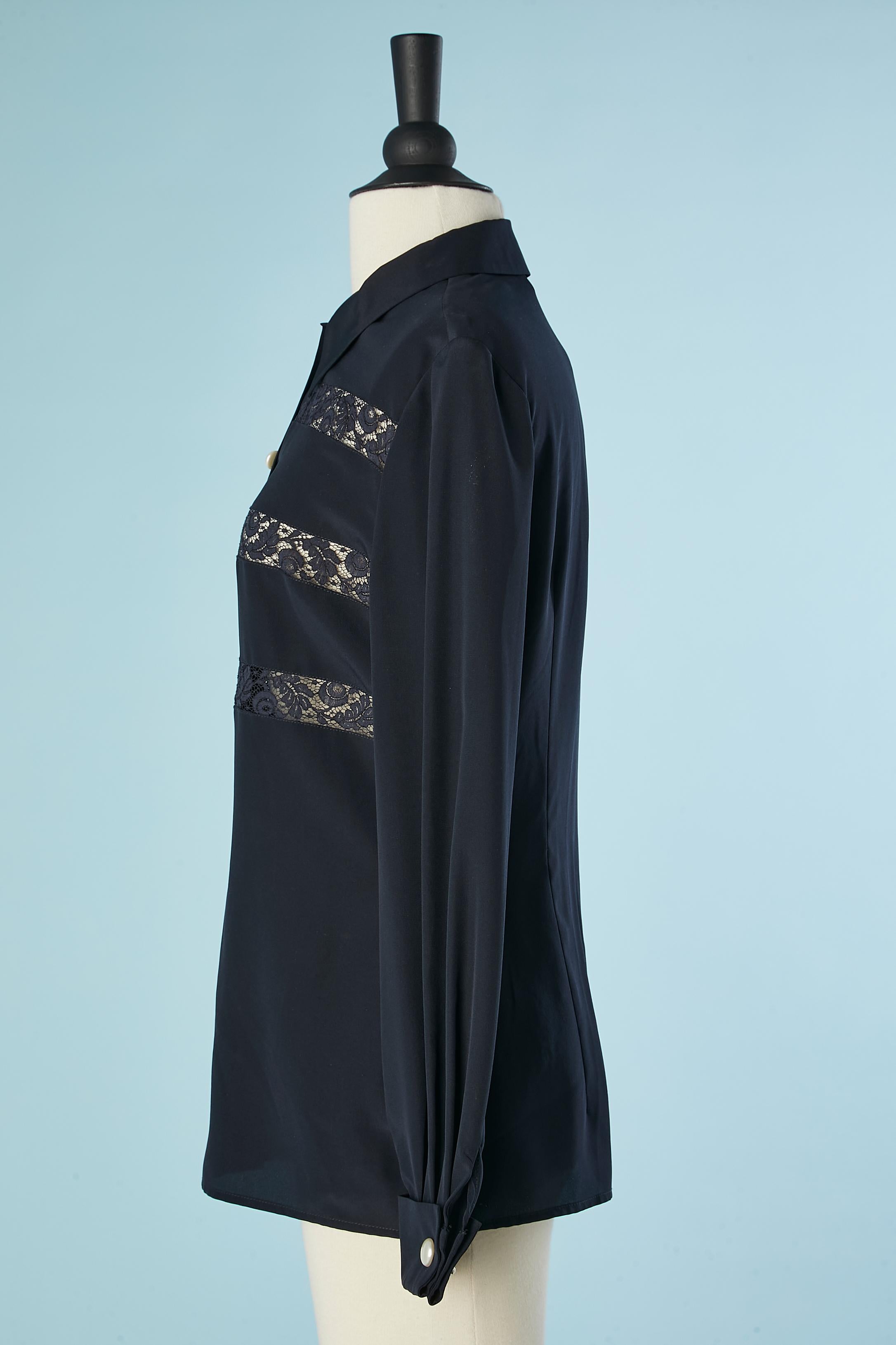 Navy blue blouse with see-through lace insert Valentino Miss V In Excellent Condition For Sale In Saint-Ouen-Sur-Seine, FR
