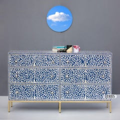 Navy Blue Bone Inlay Six-Drawer Dresser with Gold Legs by House of Jaipur