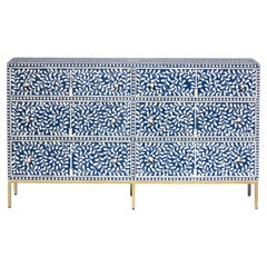 Navy Blue Bone Inlay Six-Drawer Dresser with Gold Legs by House of Jaipur