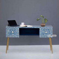 Navy Blue Bone Inlay Work Desk – Floral Vine Pattern by House of Jaipur