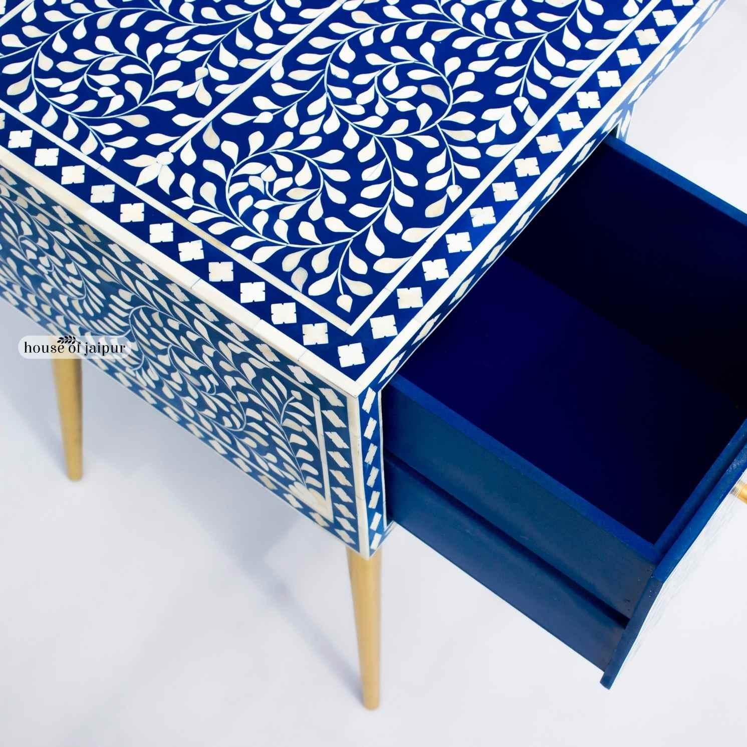 Navy Blue Bone Inlay Work Desk – Floral Vine Pattern by House of Jaipur (Indisch) im Angebot