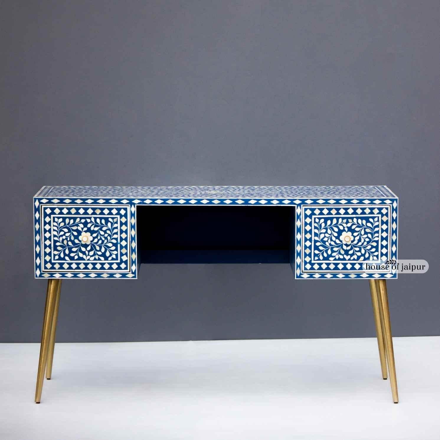 Navy Blue Bone Inlay Work Desk – Floral Vine Pattern by House of Jaipur (Intarsie) im Angebot