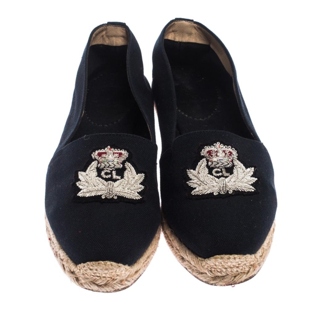 Black Navy Blue Canvas Gala Embroidered Crest Espadrille Loafers Size 39