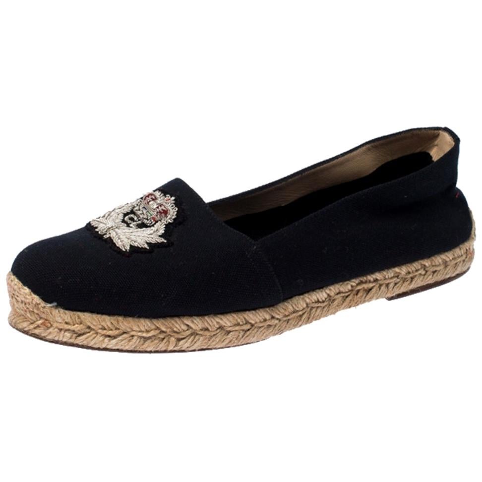 Navy Blue Canvas Gala Embroidered Crest Espadrille Loafers Size 39