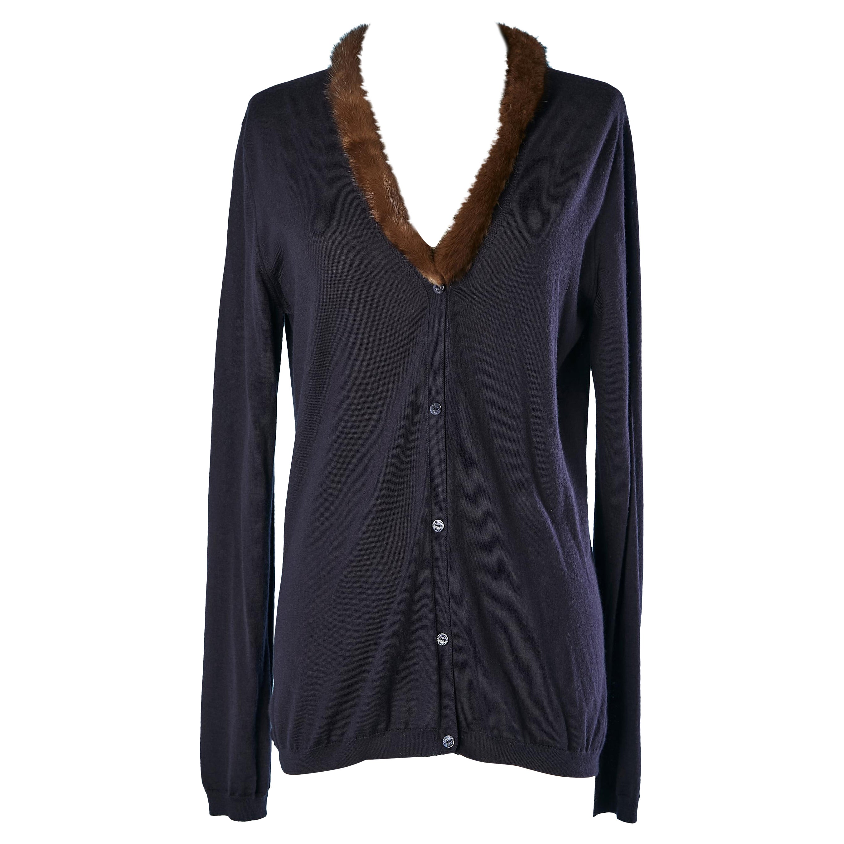 Cardigan en cachemire bleu marine avec bord en col de vison Christian Dior