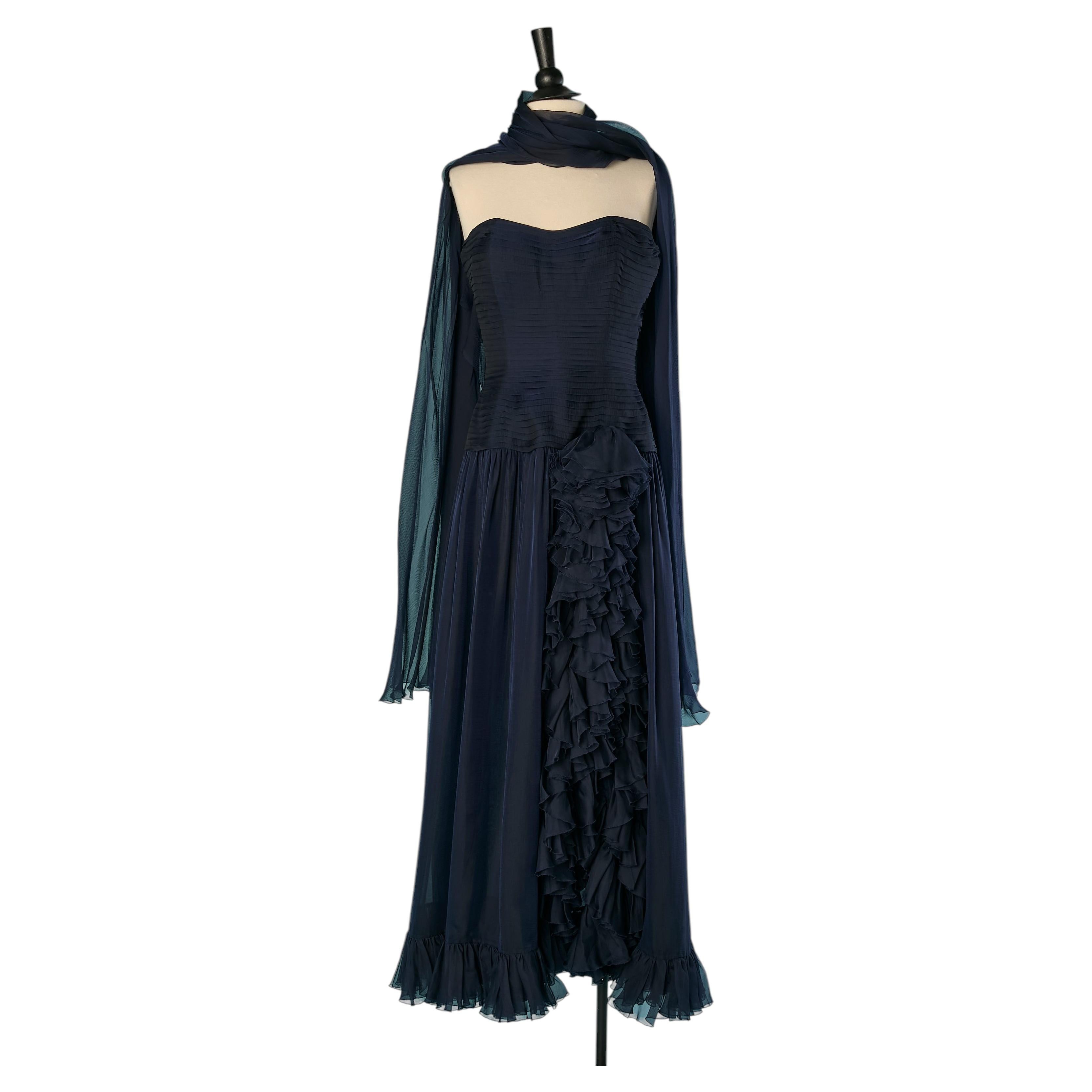 Navy blue chiffon bustier evening dress with long scarf LORIS AZZARO