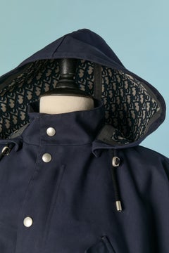 Navy blue coated raincoat-cape with Monogram lining CHRISTIAN DIOR