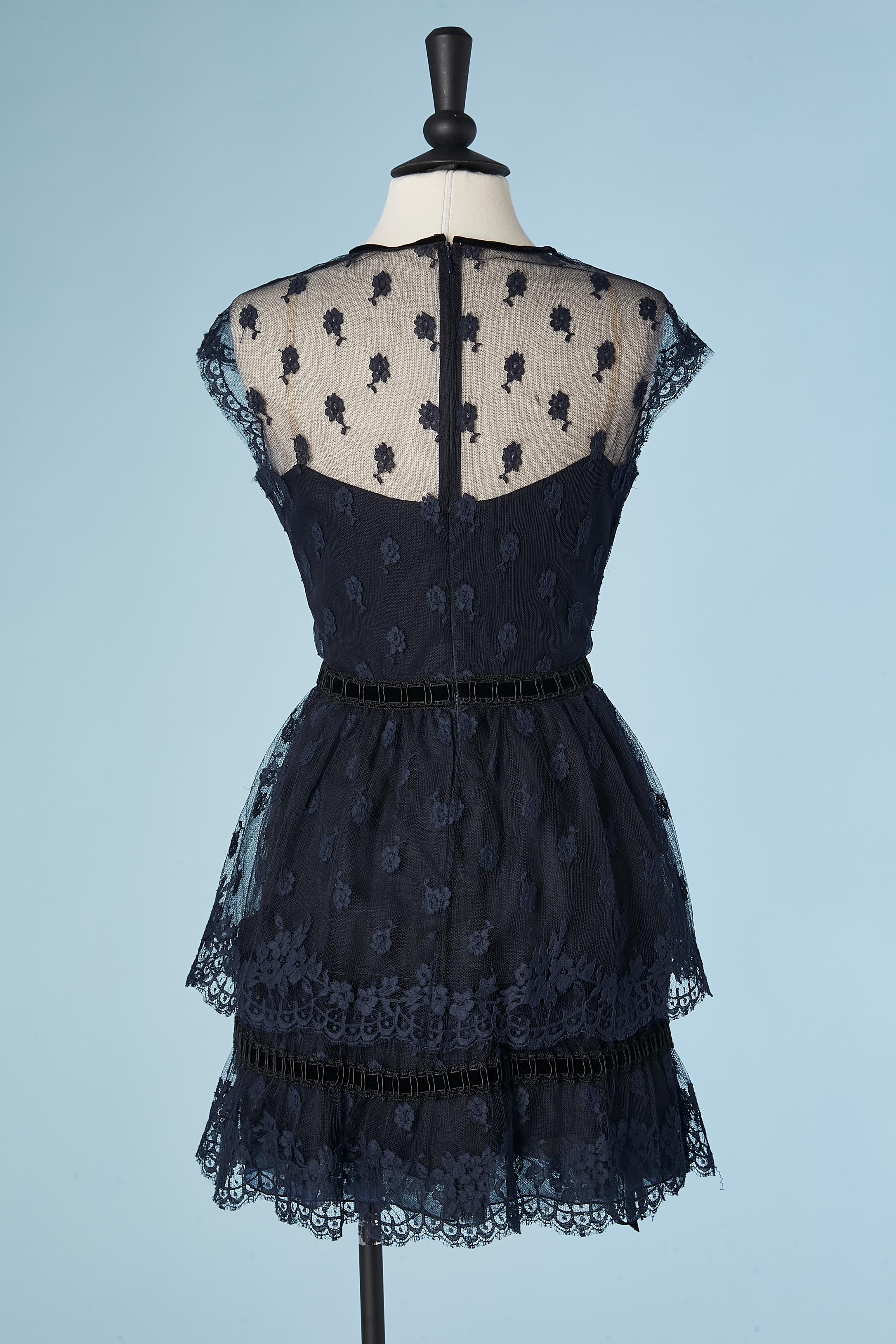 Women's Navy blue cocktail dress in lace with black ribbons and ruffles Valentino  For Sale