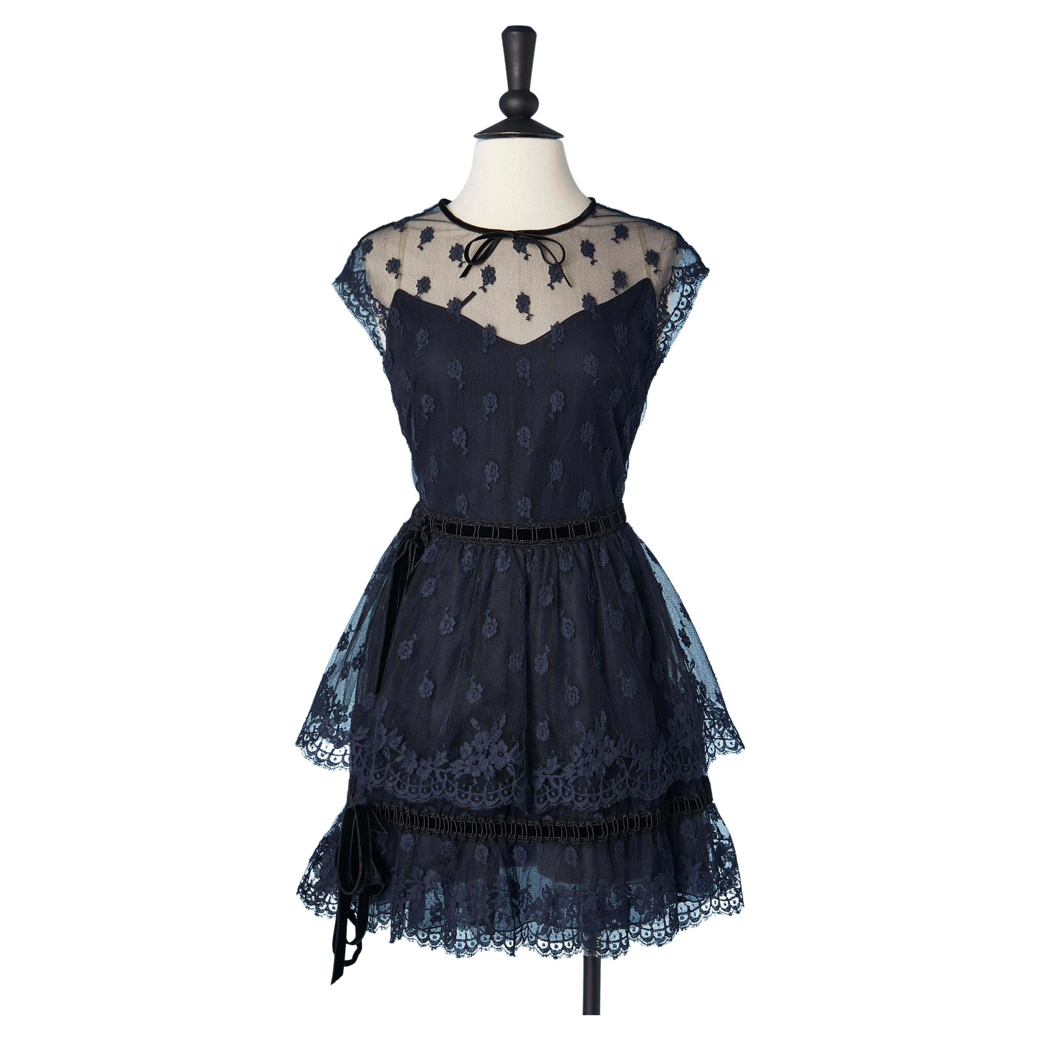 Navy blue cocktail dress in lace with black ribbons and ruffles Valentino  For Sale