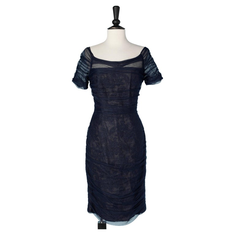 monique lhuillier navy lace dress Navy blue cocktail dress in tulle drapé and Chantilly lace Monique Lhuillier  For Sale at 1stDibs