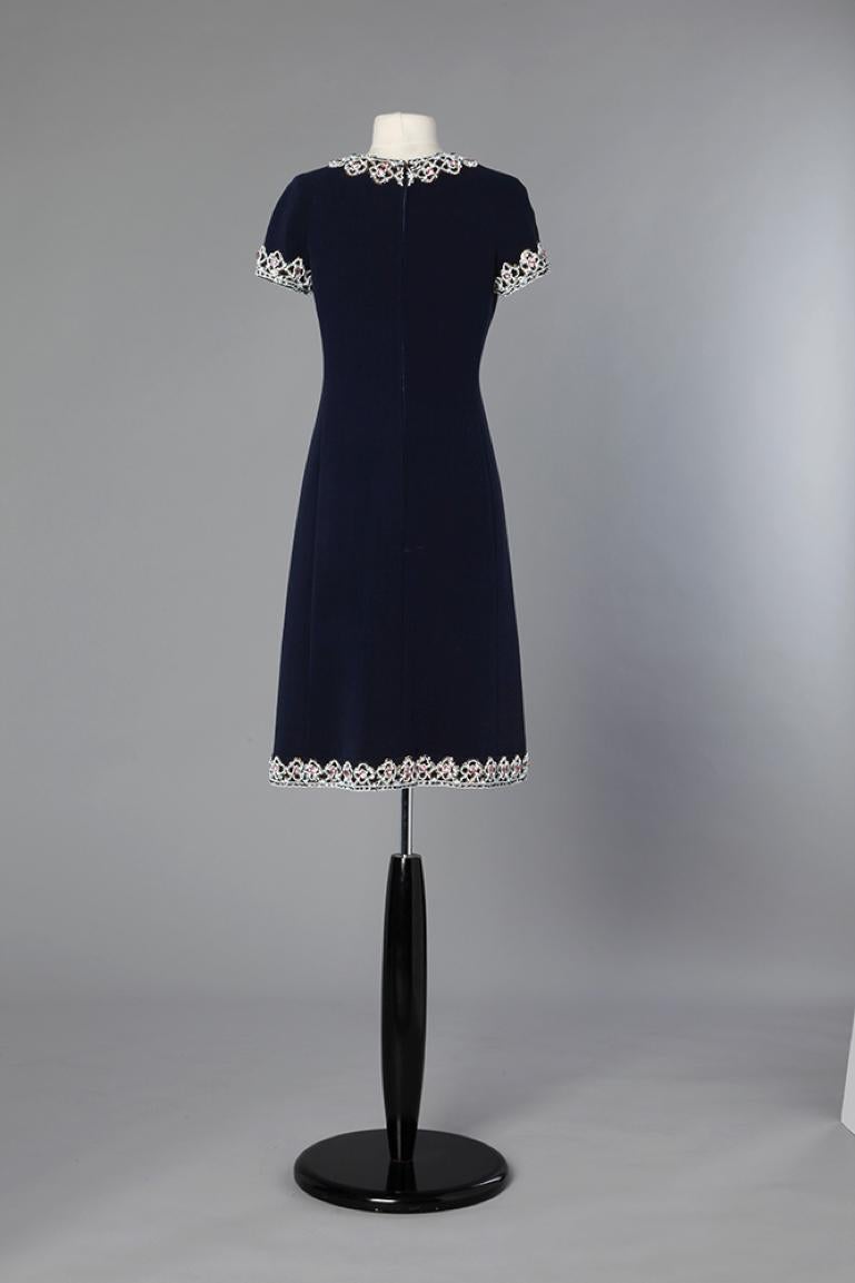 Navy blue cocktail dress with beaded neckline and sleeves Circa 1960's  For Sale 2
