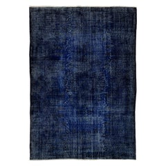 Navy Blue Color Re-Dyed Abstract Vintage Turkish Rug. 6.6x9.4 Ft Floor Covering