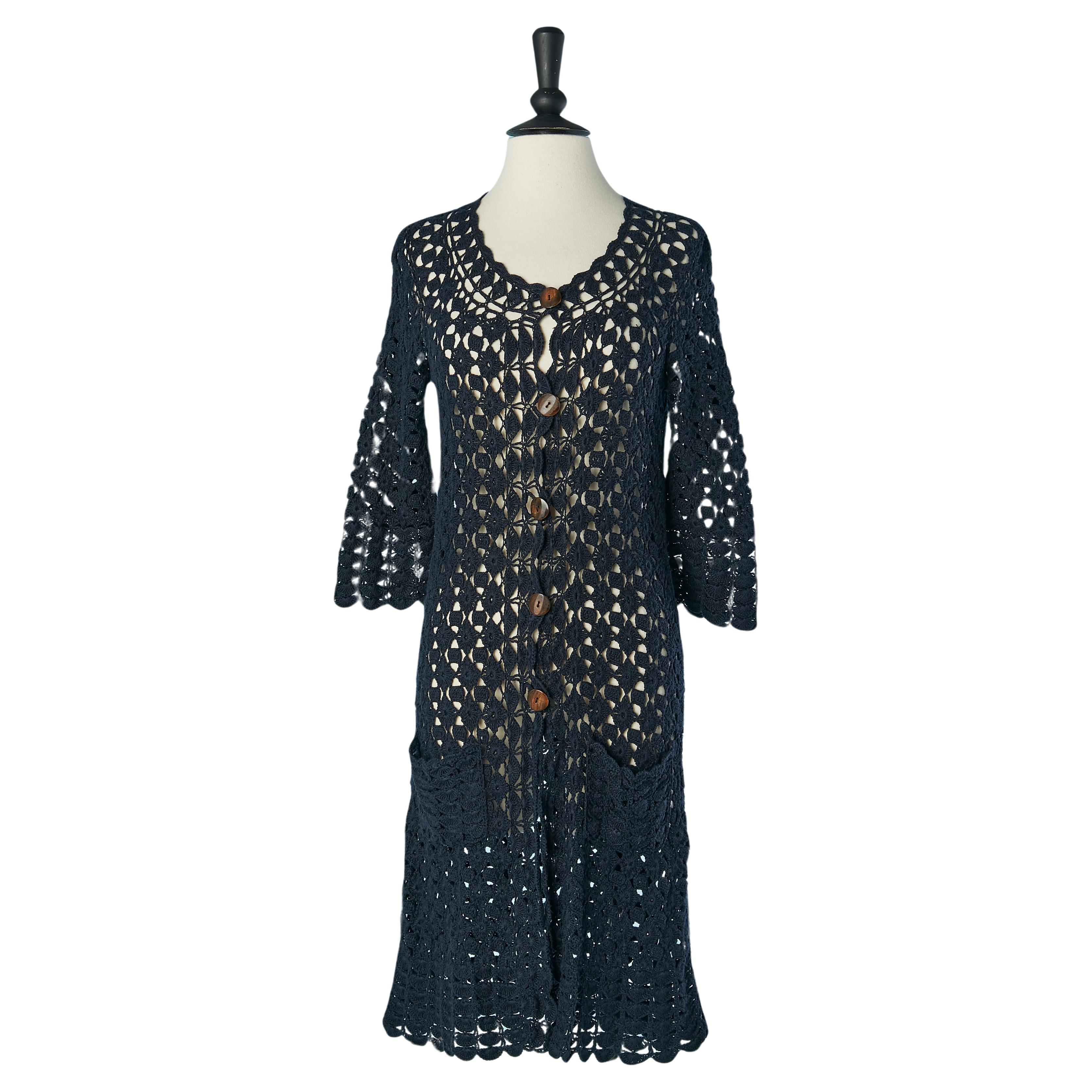 Navy blue cotton and linen crochet coat Diane von Furstenberg New with tag For Sale