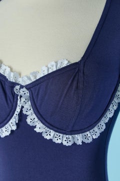 Navy blue cotton bodysuit with underwired bra and white ribbon CHANTAL THOMASS