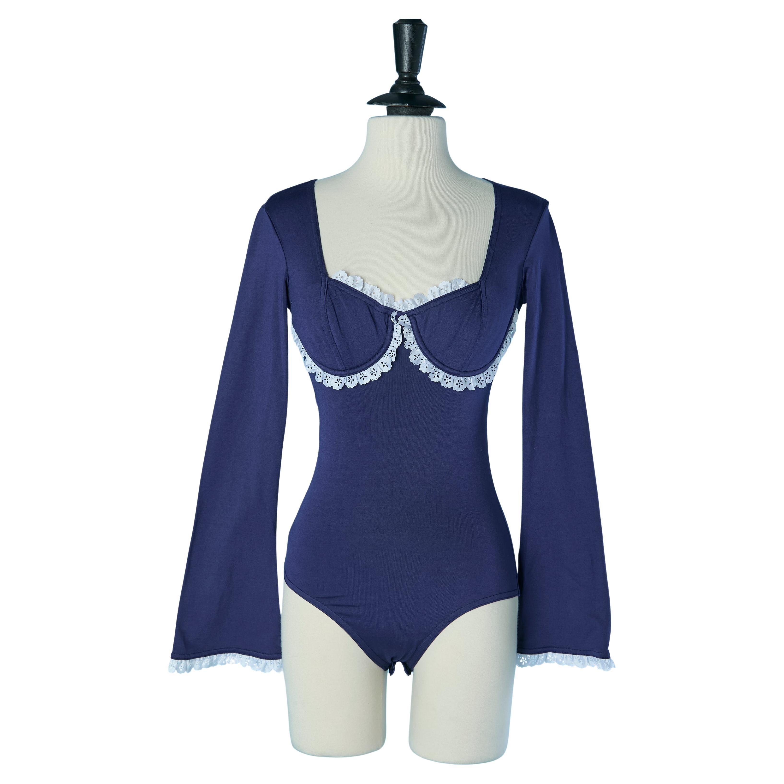Navy blue cotton bodysuit with underwired bra and white ribbon CHANTAL THOMASS For Sale