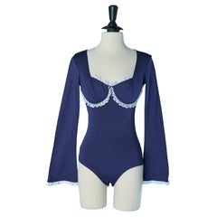 Navy blue cotton bodysuit with underwired bra and white ribbon CHANTAL THOMASS