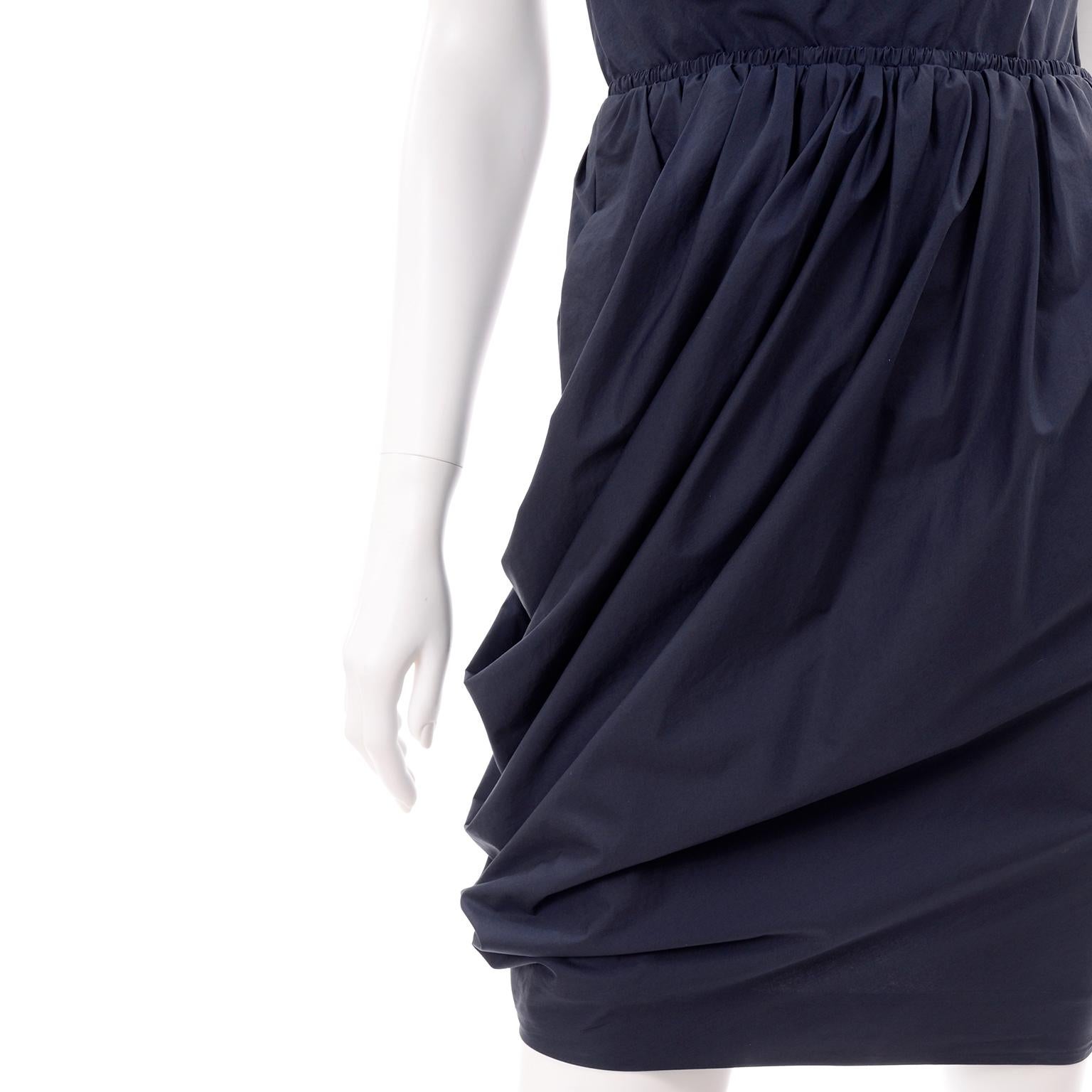 Navy Blue Cotton Carven Dress With Ruching Pockets & Open Back For Sale 3