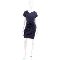 Navy Blue Cotton Carven Dress With Ruching Pockets & Open Back