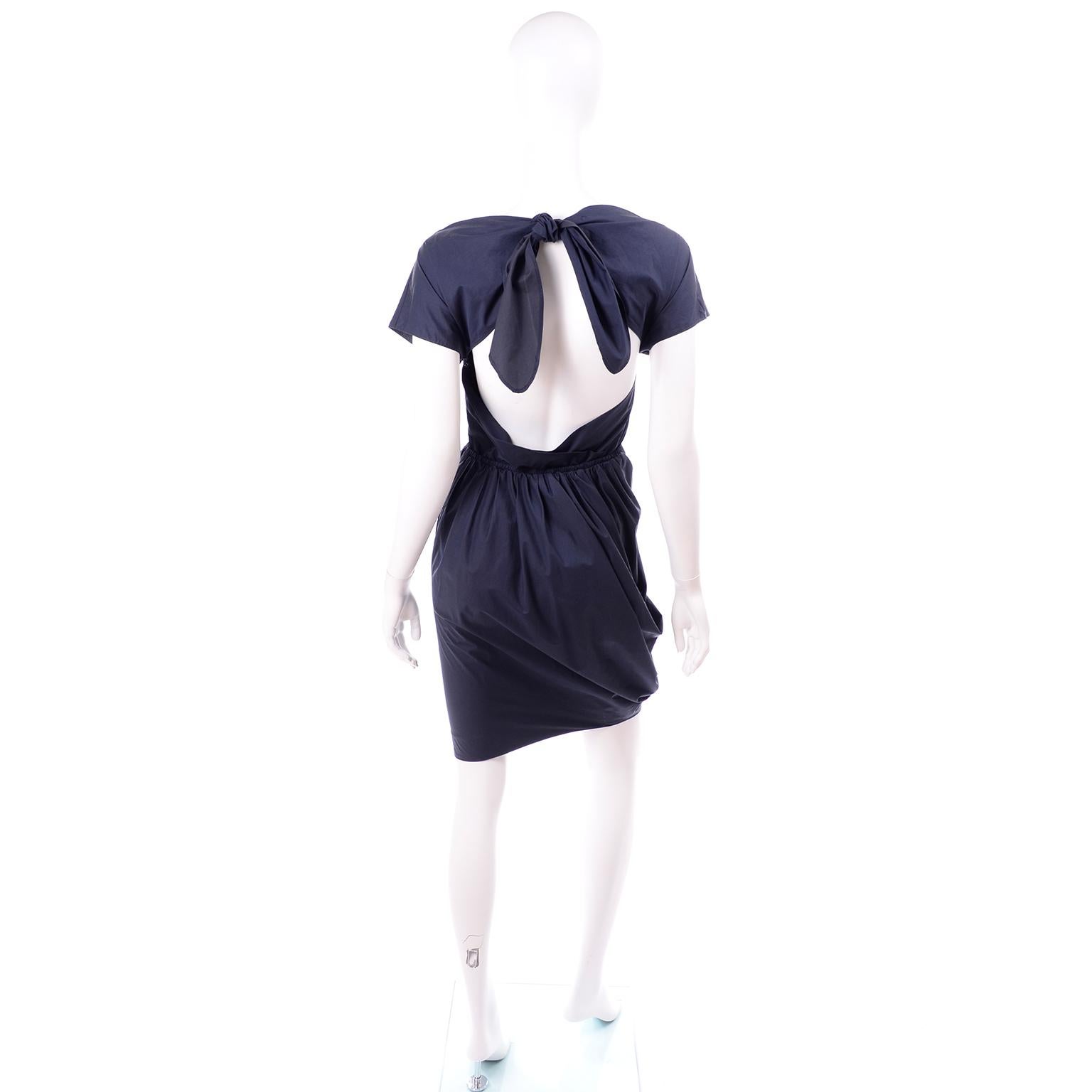 Black Navy Blue Cotton Carven Dress With Ruching Pockets & Open Back For Sale