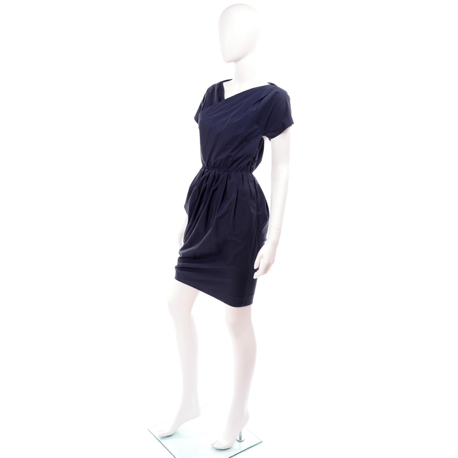 Navy Blue Cotton Carven Dress With Ruching Pockets & Open Back In Excellent Condition For Sale In Portland, OR