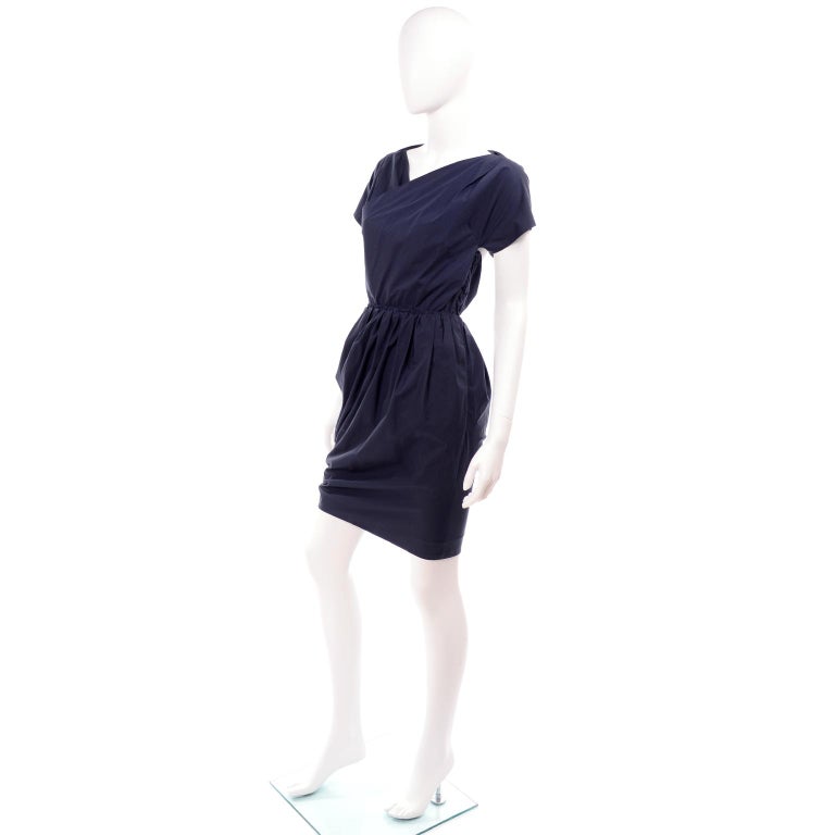 Navy Blue Cotton Carven Dress With Ruching Pockets and Open Back For ...