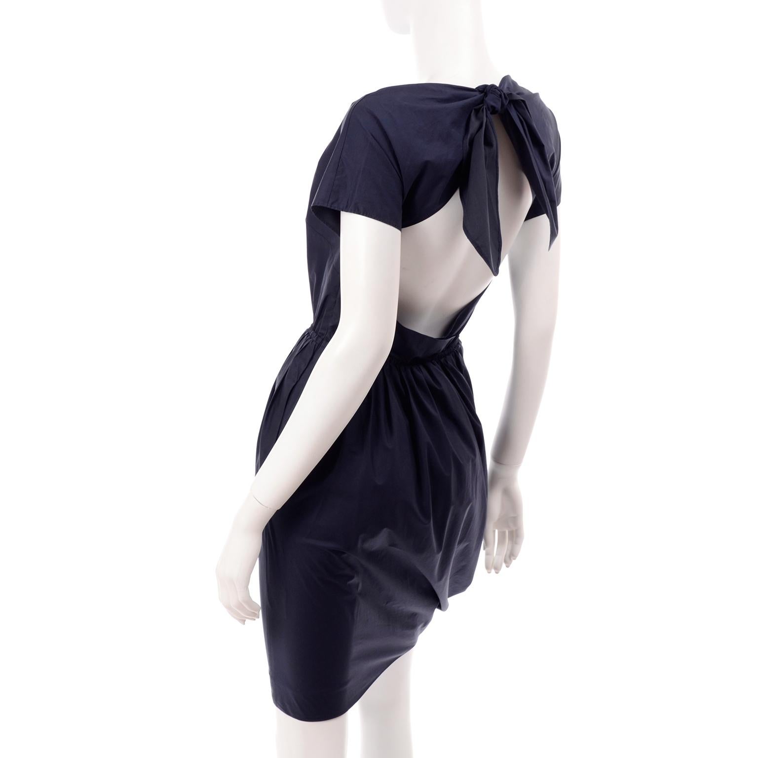 Women's Navy Blue Cotton Carven Dress With Ruching Pockets & Open Back For Sale