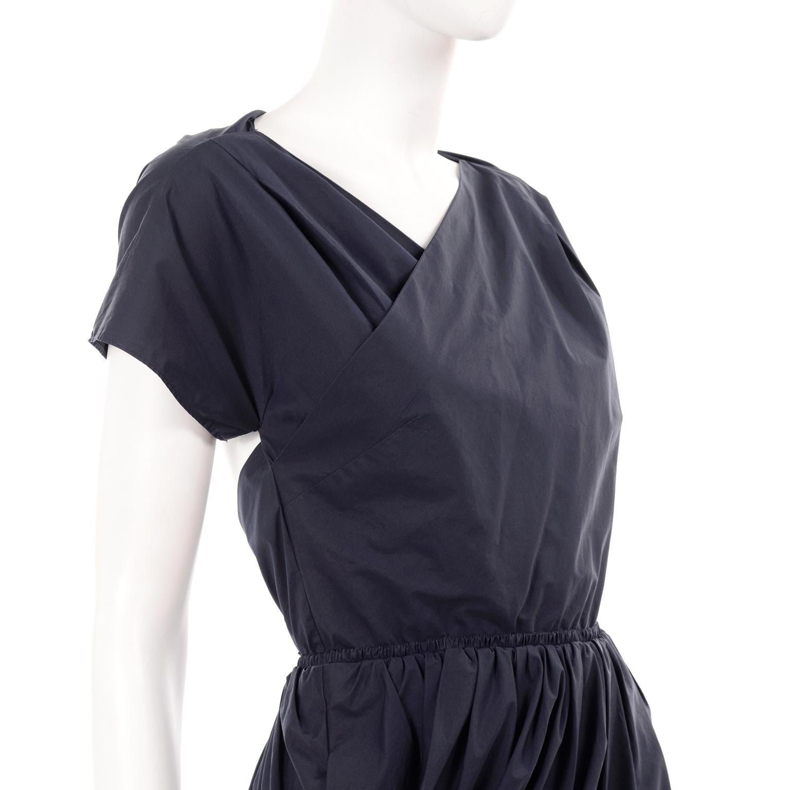 Navy Blue Cotton Carven Dress With Ruching Pockets & Open Back For Sale 1