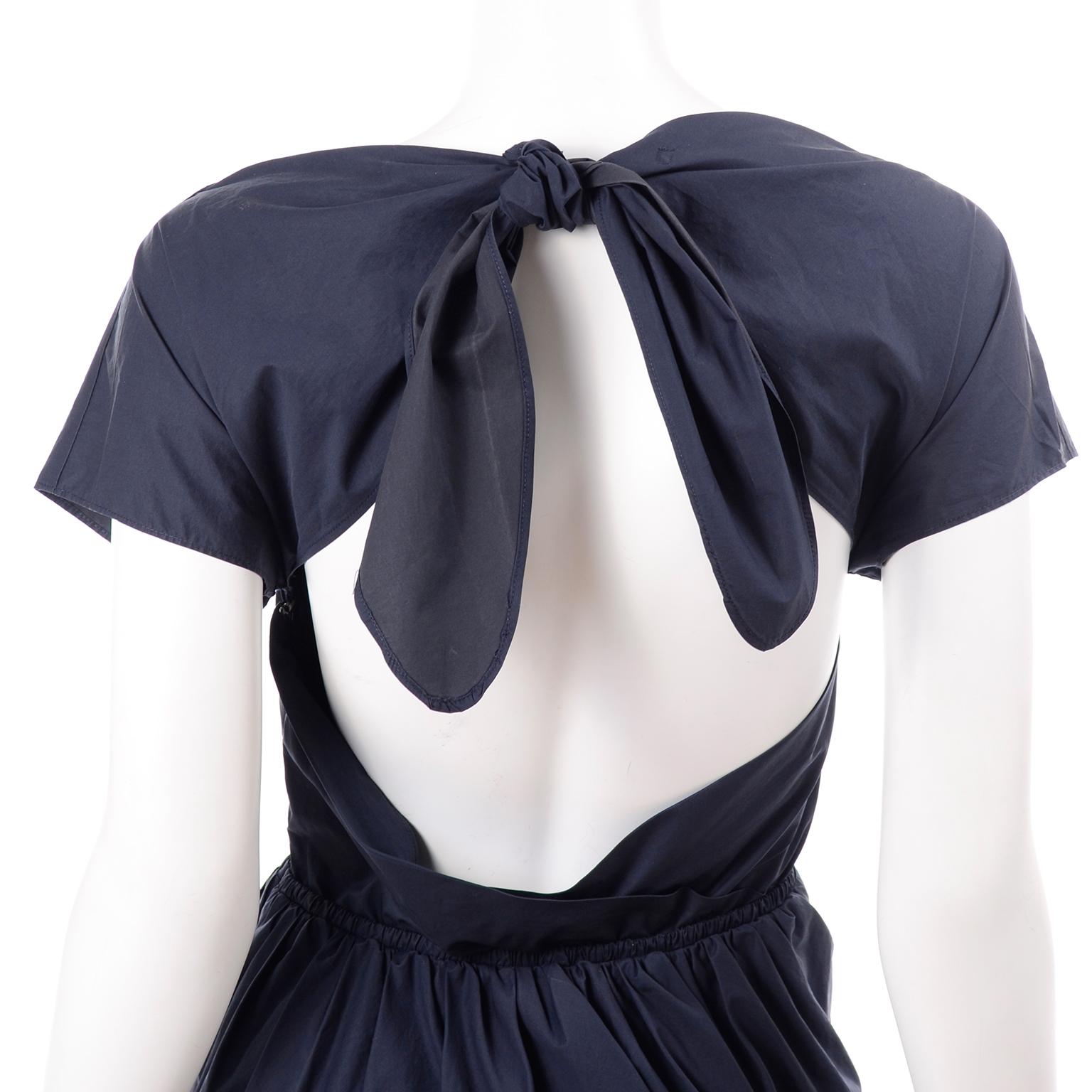 Navy Blue Cotton Carven Dress With Ruching Pockets & Open Back For Sale 2