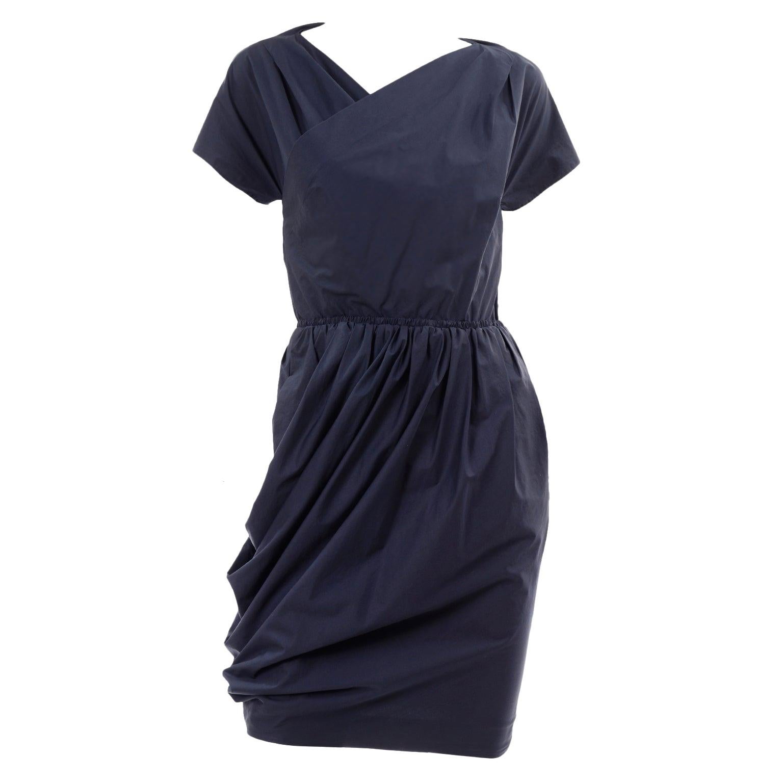 Navy Blue Cotton Carven Dress With Ruching Pockets & Open Back