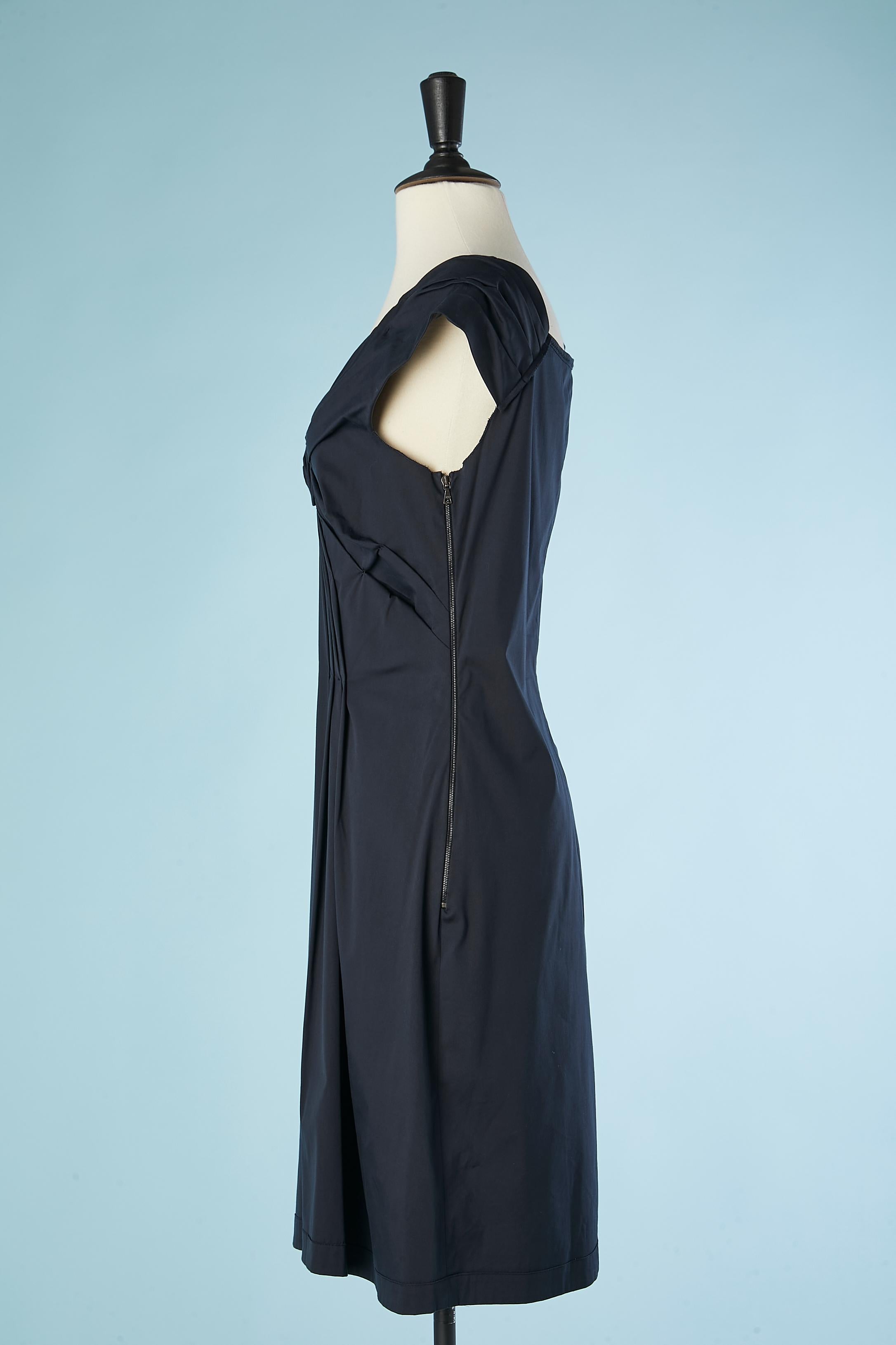 Black Navy blue cotton cocktail dress with a rose drape in the middle front Prada  For Sale