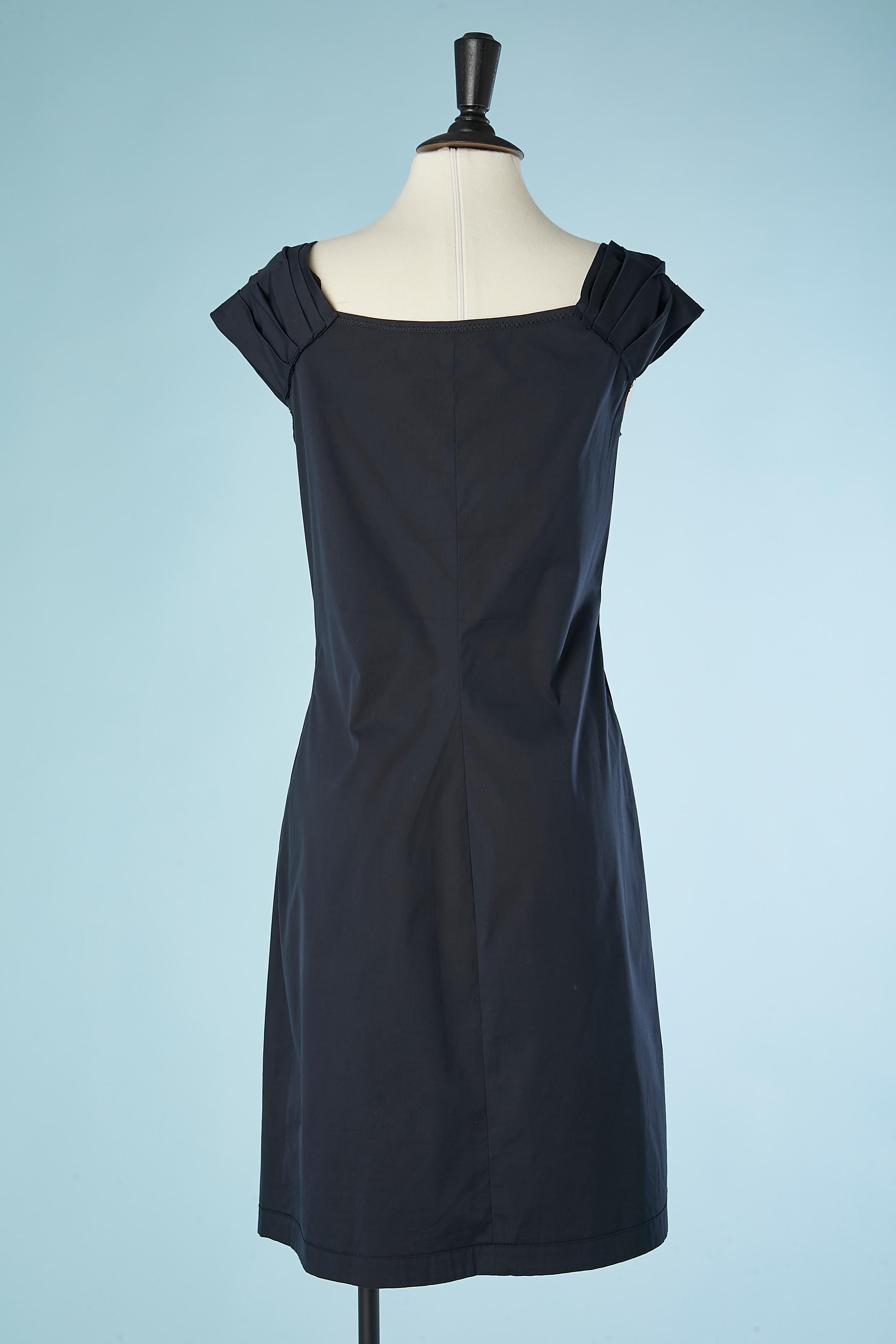 Navy blue cotton cocktail dress with a rose drape in the middle front Prada  In Excellent Condition For Sale In Saint-Ouen-Sur-Seine, FR