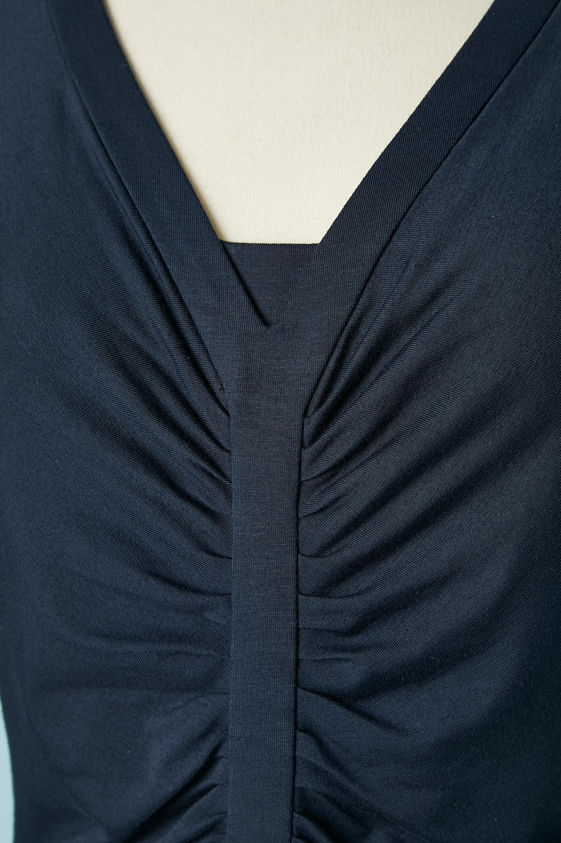 Navy blue cotton jersey dress draped in the front. Hologram authentification. 
SIZE S 